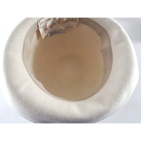 Women's Vintage Adolfo Realites Hat Bowler White Felt Striped Rainbow Brim Bow S - Picture 7 of 10